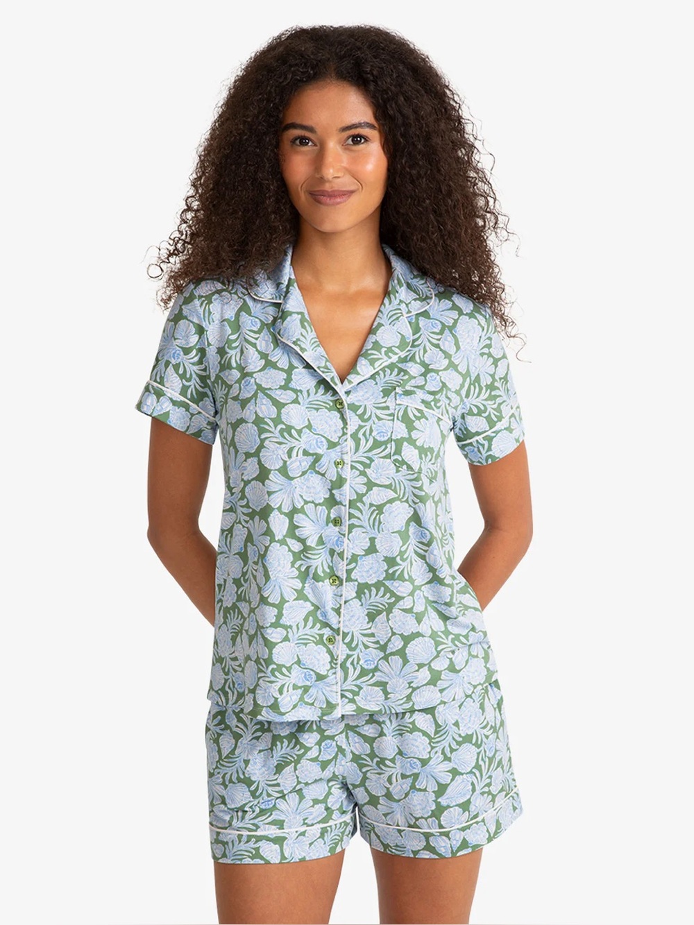 Draper James Bamboo Floral Pajama Set Large Blue Button Front Short Sleeve Short